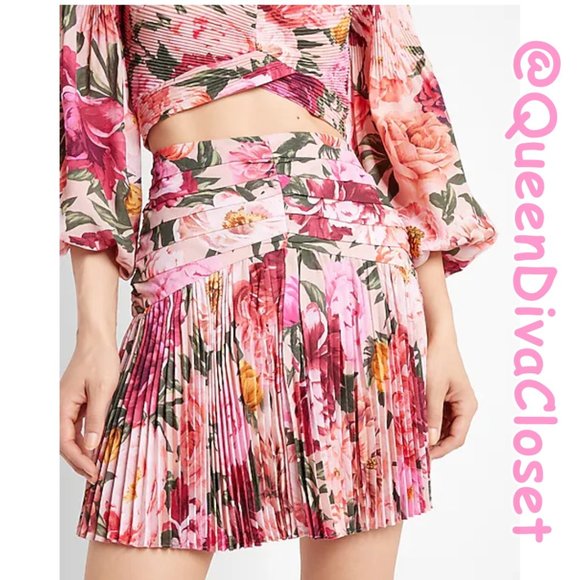 Express Fuchsia Hot Pink Floral Print Ruched Pleated Fit And Flare Mini Skirt 10 - Picture 4 of 6